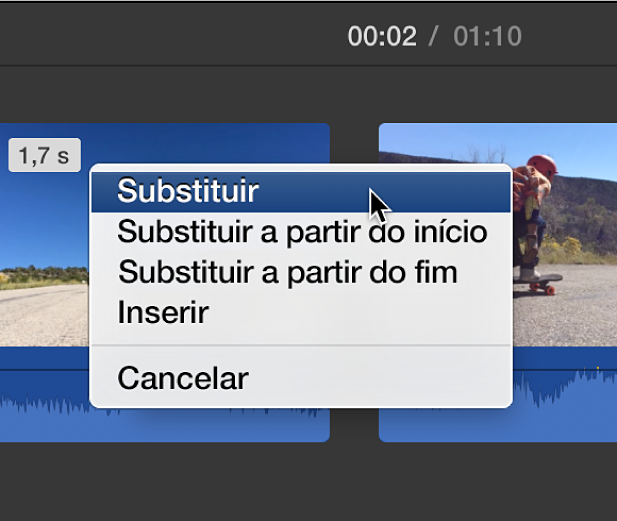 Menu no cronograma com as opções de substituição do clip