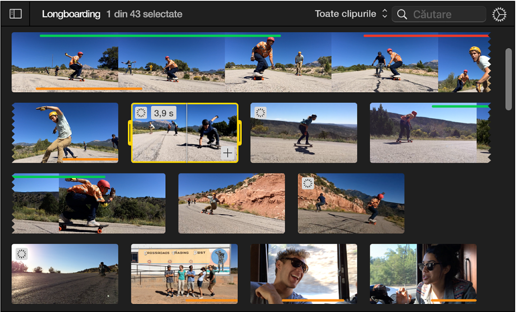 Browser care afișează clipul selectat cu o bordură galbenă și durata clipului în colțul stânga sus