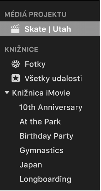 Projekt označený v postrannom paneli