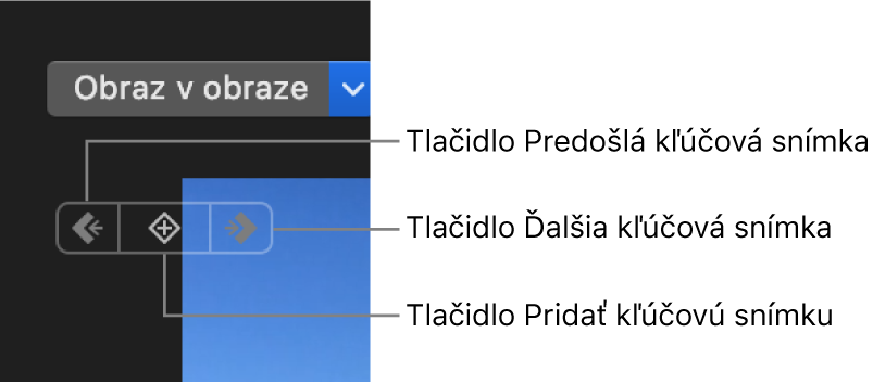 Tlačidlá Predchádzajúca kľúčová snímka, Ďalšia kľúčová snímka a Vymazať kľúčovú snímku v prehliadači