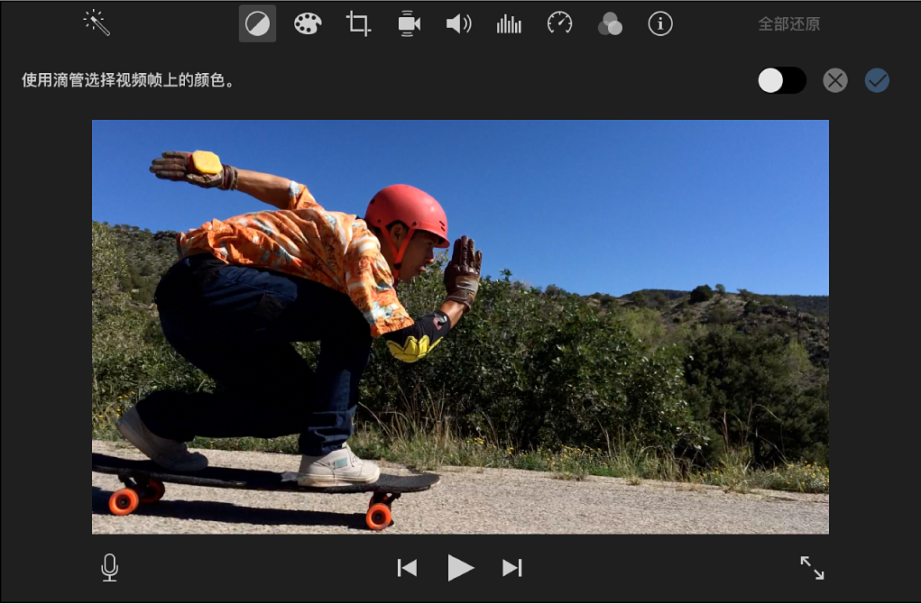 检视器中的片段,上方标有使用滴管工具在片段中选择颜色的说明