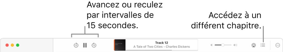 Le lecteur de livre audio dans Livres montrant, de gauche à droite, le bouton « Vitesse de lecture », les boutons Avancer, Pause et Revenir, le titre et l’auteur du livre audio en cours de lecture, le curseur Volume, le bouton AirPlay, le bouton « Table des matières » et le bouton Plus.