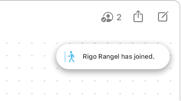 The top-right corner of a Freeform board. The notification shows when a participant has joined.