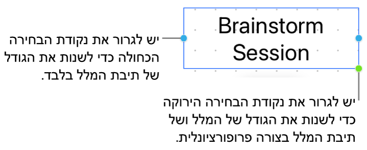 תיבת מלל מסומן מציג את ידית הבחירה הכחולה (שמאפשרת את שינוי הגודל של תיבת המלל בלבד) ואת ידית הבחירה הירוקה (לשינוי הגודל של המלל ותיבת המלל באופן יחסי).