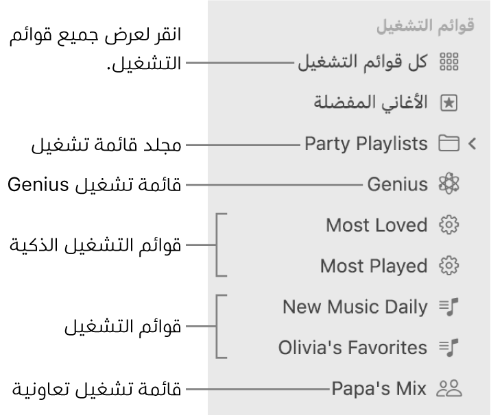 الشريط الجانبي للموسيقى أنواعًا مختلفة من قوائم التشغيل: قائمة تشغيل الأغاني المفضلة وقائمة تشغيل Genius وقائمة التشغيل الذكية وقائمة التشغيل. انقر على كل قوائم التشغيل لعرضها جميعًا.