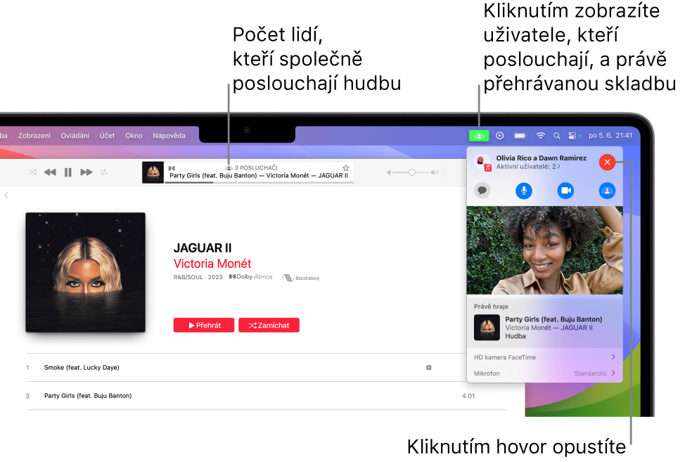 Okno Apple Music, v němž je vidět přehrávaná skladba při použití SharePlay. V okně přehrávání je vidět počet uživatelů, kteří společně poslouchají. Po kliknutí na ikonu SharePlay napravo můžete zobrazit poslouchající účastníky a také aktuálně přehrávanou skladbu. Napravo můžete kliknout na tlačítko Zavřít.