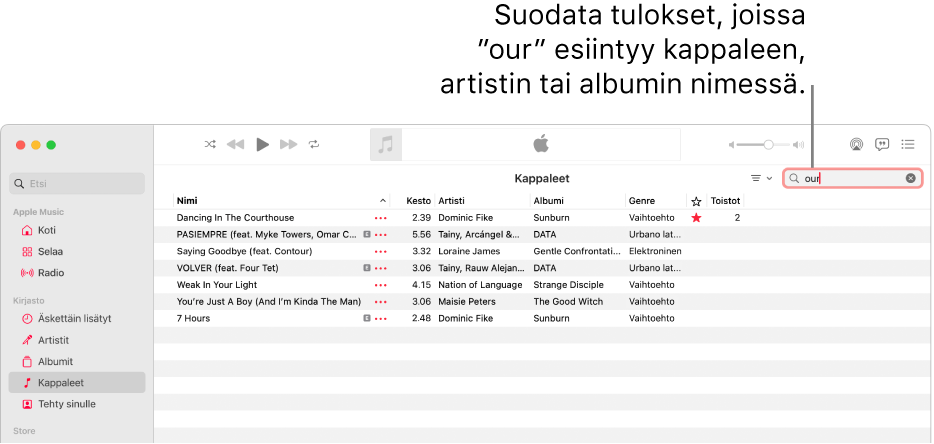 Apple Music -ikkuna, jossa on kappaleluettelo, joka tulee näkyviin, kun oikean yläkulman suodatinkenttään kirjoitetaan ”love”. Luettelon kappaleissa on sana ”love” kappaleen, artistin tai albumin nimessä.