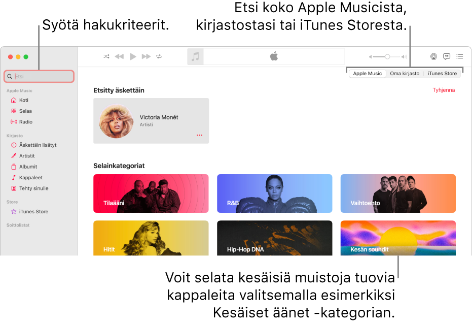Apple Music -ikkuna, jossa näkyy hakukenttä vasemmassa yläkulmassa, kategorialuettelo keskellä sekä Apple Music, kirjastosi ja iTunes Store oikeassa yläkulmassa. Syötä hakukriteerit hakukenttään ja valitse sitten, etsitäänkö koko Apple Musicista, vain kirjastostasi vai iTunes Storesta.