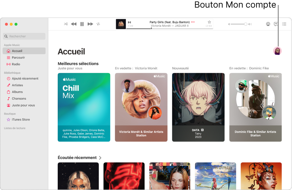 La fenêtre d’Apple Music affichant l’écran d’Accueil. Le bouton « Mon compte » (une photo ou un monogramme) se trouve dans le coin supérieur droit de la fenêtre.