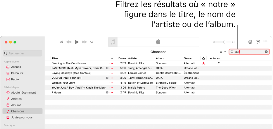 La fenêtre Apple Music affichant la liste des chansons qui apparaissent lorsque « amour » est saisi dans le champ de filtre dans le coin supérieur droit. Les chansons de la liste incluent le mot « amour » dans leur titre, leur nom d’artiste ou d’album.