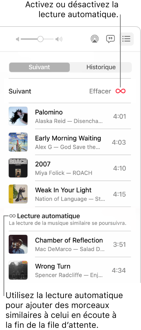 La file d’attente Suivant. Cliquez sur le bouton « Lecture automatique » pour activer ou désactiver la lecture automatique. Lorsque la lecture automatique est activée, des morceaux similaires sont ajoutés à la fin de la file d’attente.