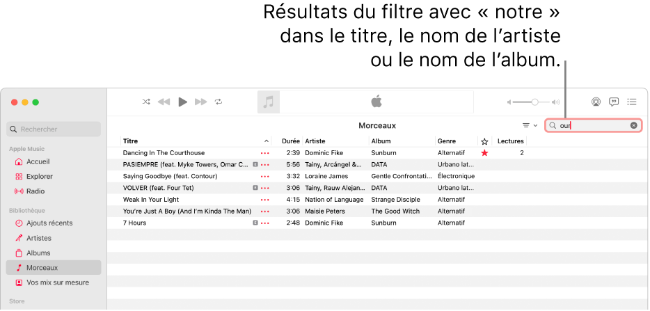 La fenêtre Apple Music affichant la liste des morceaux trouvés lorsque l’utilisateur saisit « love » dans le champ de recherche en haut à droite. Les morceaux de la liste incluent le terme « love » dans leur titre, le nom de l’artiste ou de l’album.