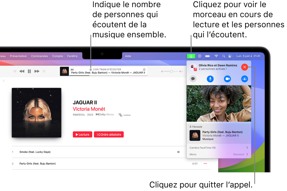 Fenêtre Apple Music avec un morceau en cours de lecture pendant une session SharePlay. La fenêtre de lecture indique le nombre de personnes qui écoutent de la musique simultanément. Sur la droite, l’utilisateur clique sur le bouton SharePlay et vous pouvez voir les personnes qui écoutent de la musique ainsi que le morceau en cours de lecture. À droite, vous pouvez cliquer sur le bouton Fermer.