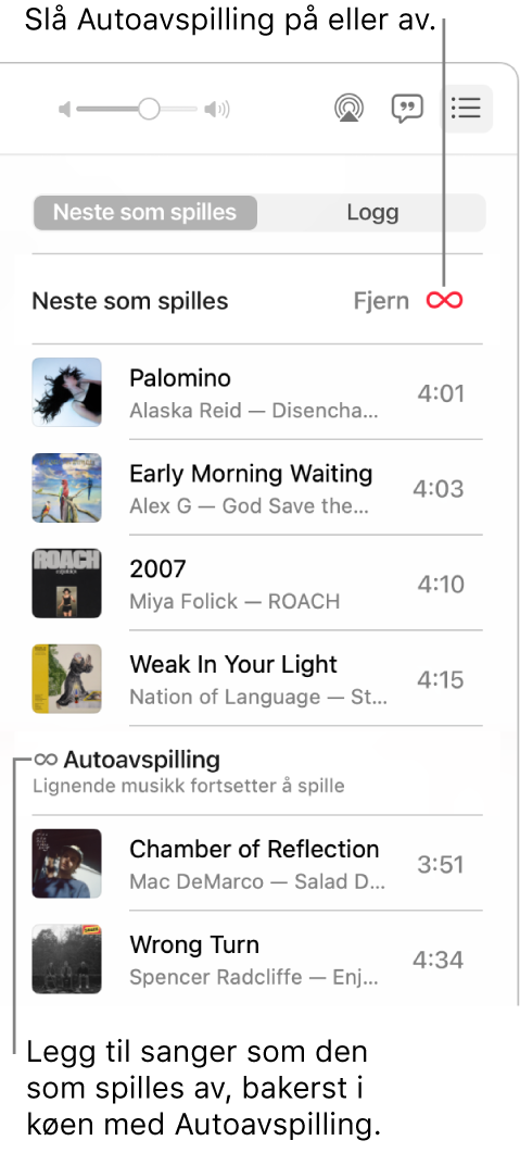 Neste som spilles-køen. Klikk på Autoavspilling-knappen for å slå den på eller av. Når Autoavspilling er på, legges lignende sanger til i køen.