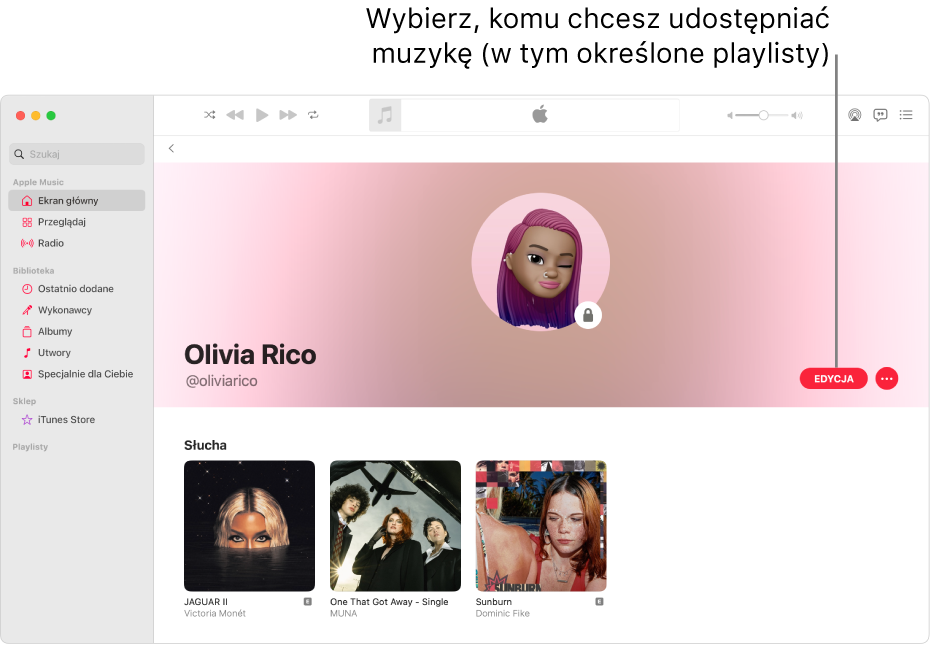 Strona profilu w Apple Music: po prawej stronie okna kliknij w Edycja, aby wybrać, kto może Cię obserwować. Kliknij w przycisk dodatkowych opcji po prawej stronie przycisku Edycja, aby udostępnić muzykę.
