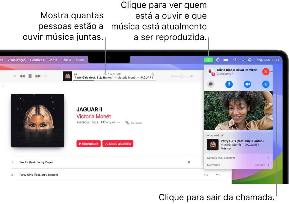 A janela Apple Music com uma música em reprodução durante a utilização de SharePlay. A janela de reprodução mostra quantas pessoas estão a ouvir música em conjunto. À direita, o ícone do SharePlay é clicado e pode ver quem está a ouvir e que música está atualmente a ser reproduzida. À direita, pode clicar no botão “Fechar”.