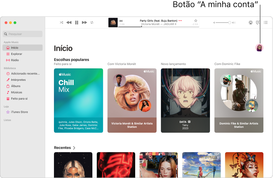 A janela Apple Music a mostrar o ecrã principal. O botão “A minha conta” (com o aspeto de uma fotografia ou monograma) encontra-se no canto superior direito da janela.
