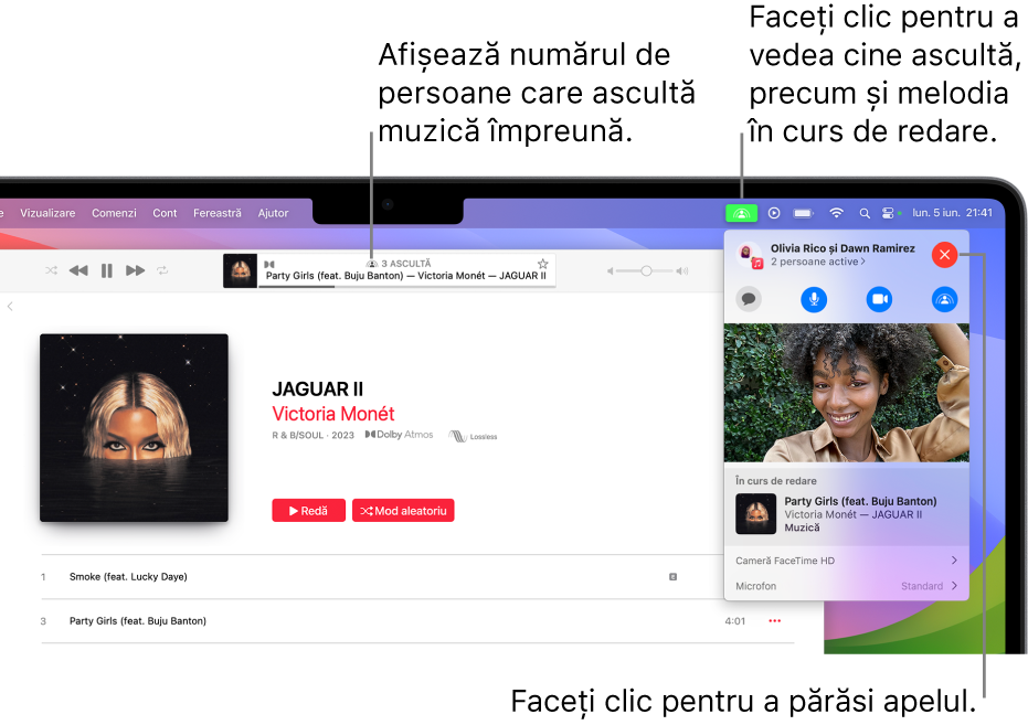 Fereastra Apple Music, cu o melodie în curs de redare în timpul utilizării SharePlay. Fereastra de redare afișează câte persoane ascultă muzică împreună. În dreapta, se face clic pe pictograma SharePlay și puteți vedea cine ascultă și melodia aflată în curs de redare. În dreapta, puteți face clic pe butonul Închide.