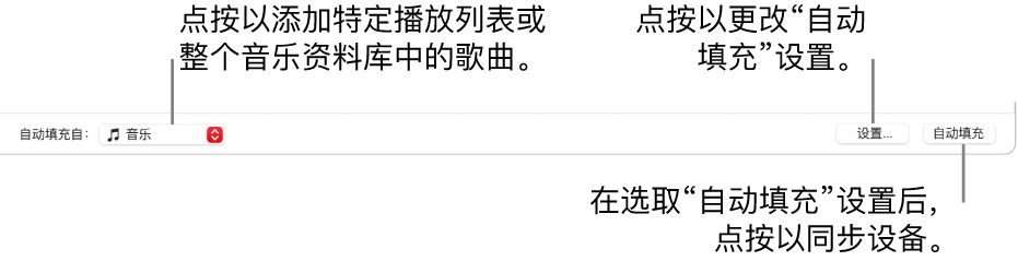“音乐”窗口底部的“自动填充”选项。最左侧是“自动填充自”弹出式菜单,从中你可以选取是从某个播放列表添加歌曲或者是从整个资料库添加歌曲。最右侧是两个按钮:用于更改多个“自动填充”选项的“设置”,以及“自动填充”。点按“自动填充”后,将使用符合条件的歌曲填充你的设备。