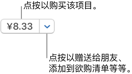 显示价格的按钮。点按价格以购买该项目。点按价格旁边的箭头以将此项目赠送给朋友、将项目添加到欲购清单等等。