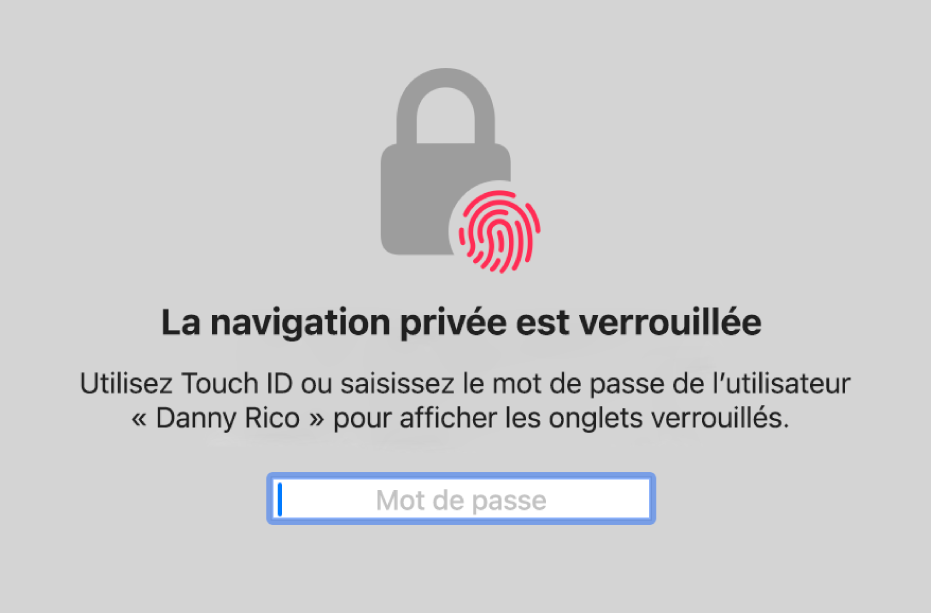 Une fenêtre demandant d’utiliser Touch ID ou votre mot de passe pour déverrouiller les fenêtres de navigation privée.