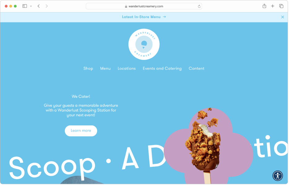 Une fenêtre Safari affichant la crèmerie « Wanderlust Creamery ».