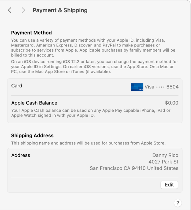 Apple ID settings showing the Payment & Shipping settings for an existing account.