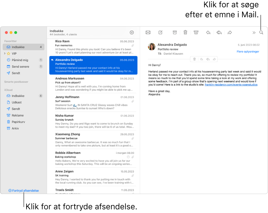Et vindue i Mail, der viser indholdsoversigten til venstre. Knappen Fortryd afsendelse er nederst i indholdsoversigten.