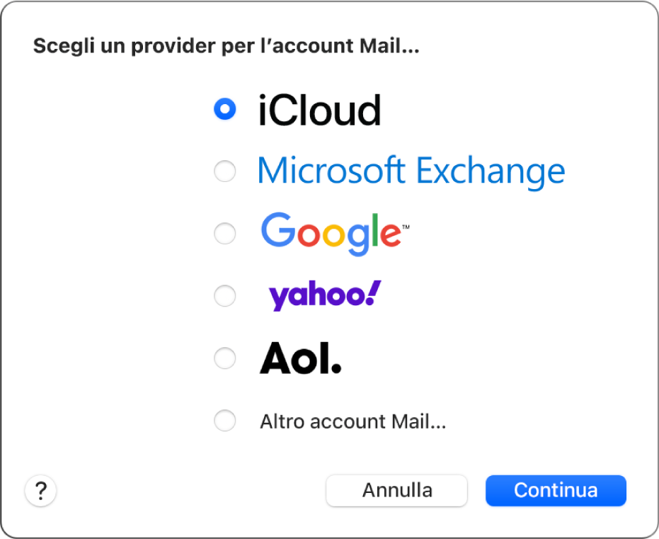 Una finestra di Mail che mostra la finestra di dialogo dell’account.