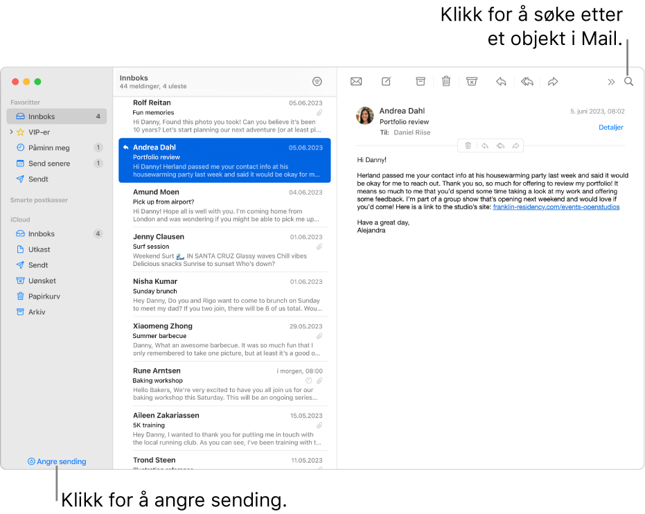 Et Mail-vindu som viser sidepanelet til venstre. Angre sending-knappen vises nederst i sidepanelet.