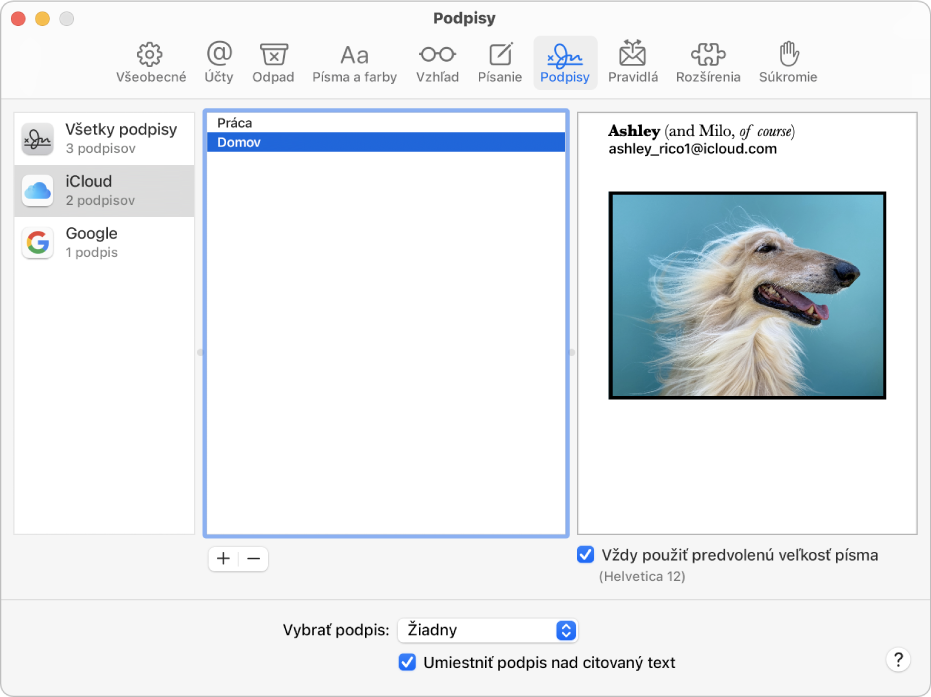 Panel nastavení Podpisy v aplikácii Mail zobrazujúci podpis, ktorý obsahuje formátovaný text a obrázok.