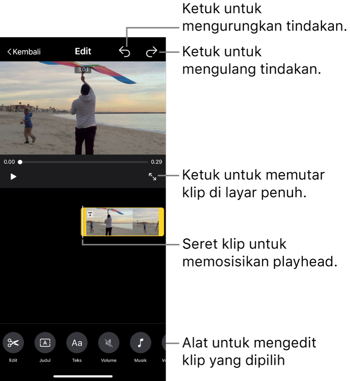 Klip di proyek Film Ajaib sedang diedit, dengan penampil menunjukkan pratinjau klip. Di bagian bawah layar terdapat tombol untuk mengedit klip.