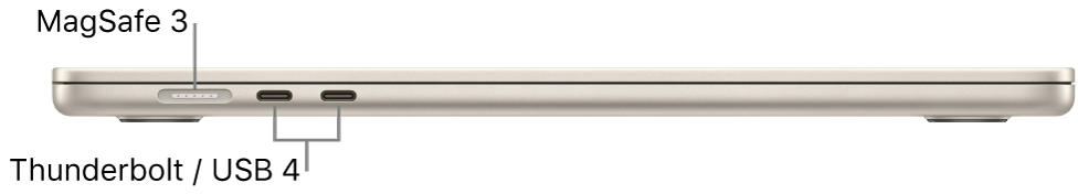 عرض للجانب الأيسر من MacBook Air مع وسائل شرح لمنافذ MagSafe 3 وثندربولت / USB 4.