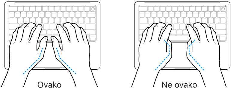 Ruke položene na tipkovnicu s prikazom pravilnog i nepravilnog položaja palaca.