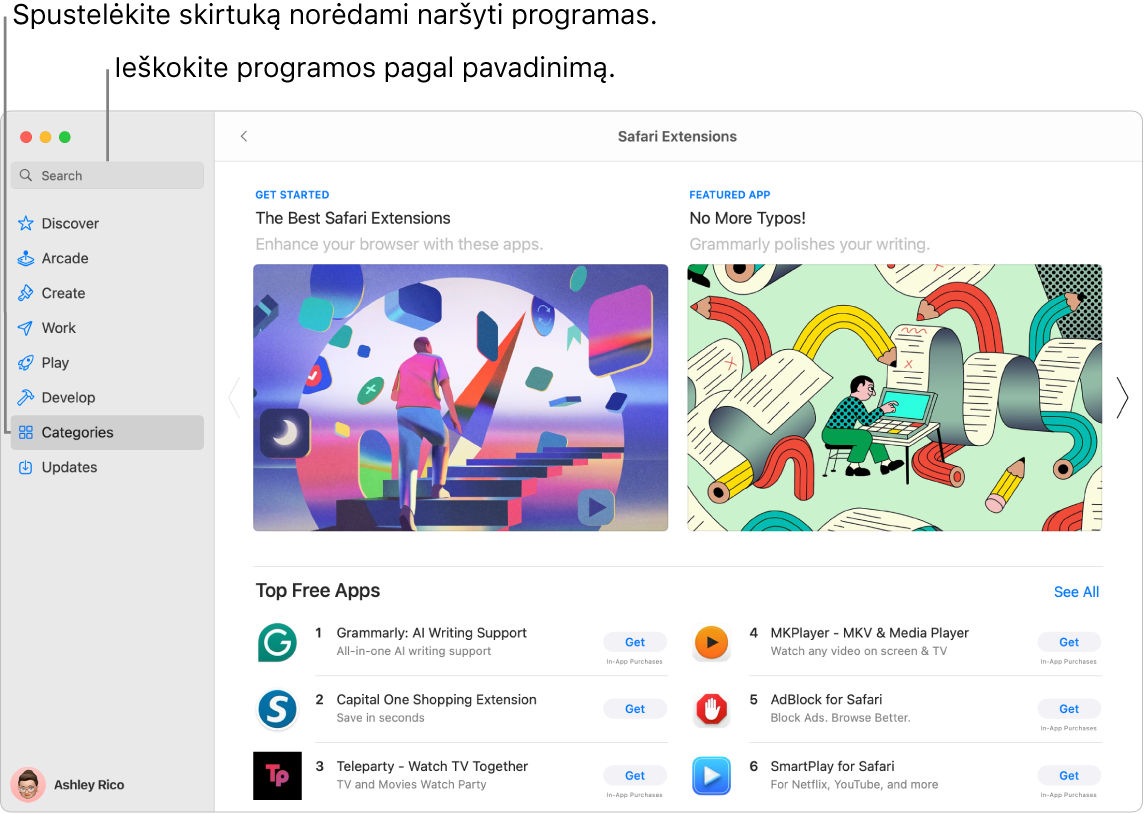 „App Store“ lange rodomi paieškos laukas ir puslapis „Safari Extensions“.