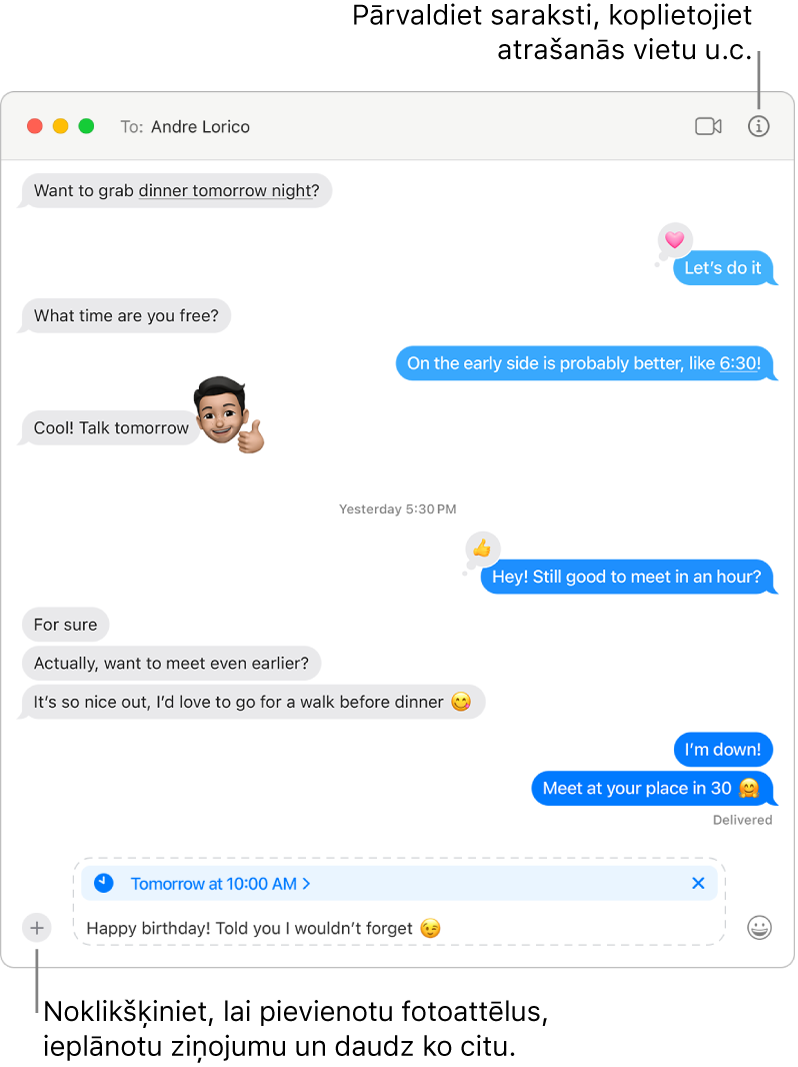 Lietotnes Messages logs, kurā redzama sarakste. Ziņu plānots nosūtīt rītdien plkst. 10:00. Ziņā rakstīts, “Happy birthday! Told you I wouldn’t forget.”