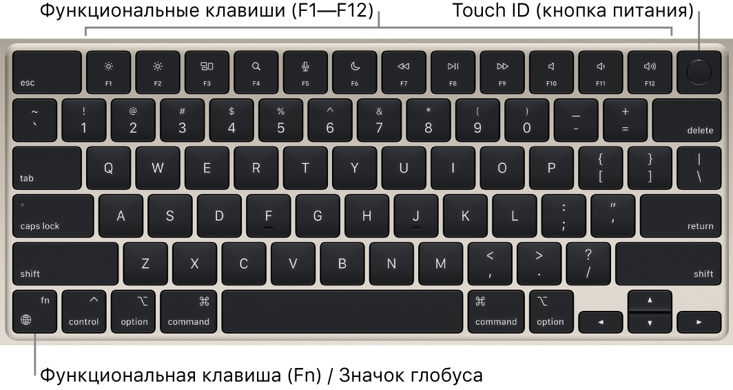Клавиатура MacBook Air: показаны функциональные клавиши, Touch ID (кнопка питания) вверху и клавиша Function (Fn) / клавиша с изображением глобуса в левом нижнем углу.