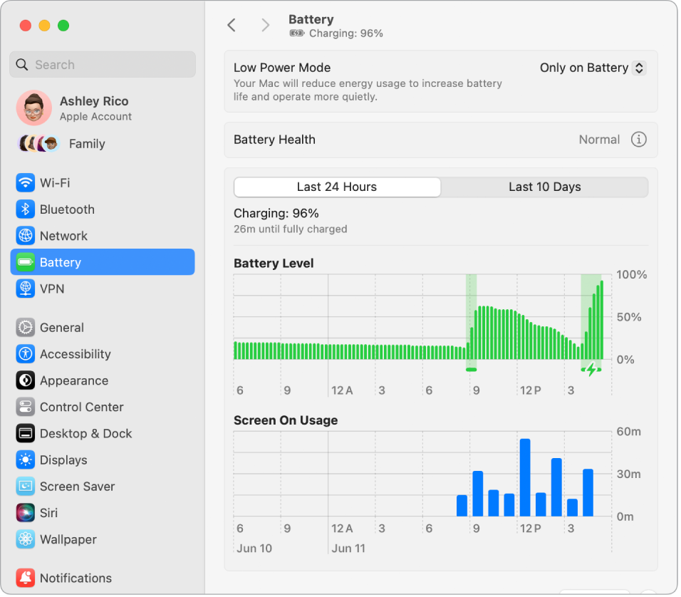 Okno Battery Settings prikazuje zadnjih deset dni porabe energije. Okno tudi navaja, da je Battery Health normalno, in obstaja možnost za vklop načina Low Power Mode.