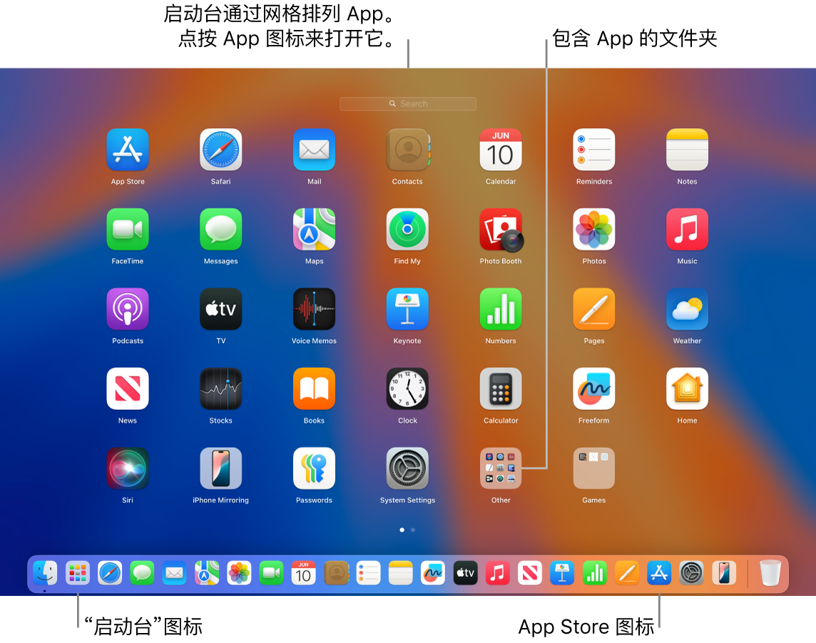 Mac 屏幕上程序坞中的启动台图标,以及显示各种 App 按网格排列的已打开启动台窗口。