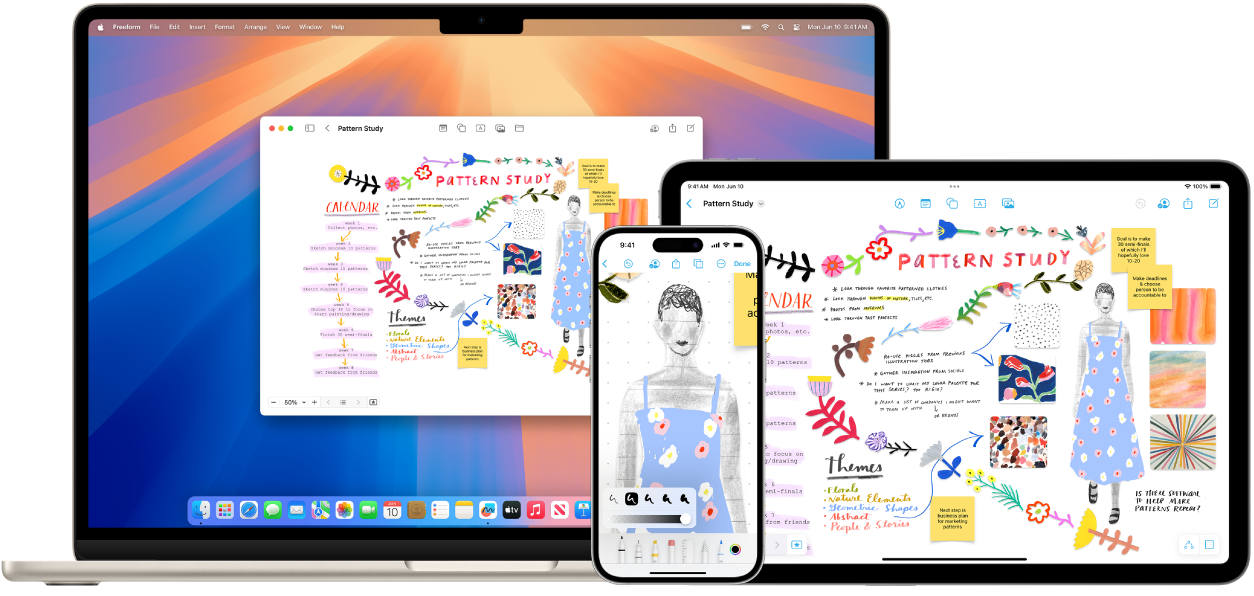Mac、iPhone 和 iPad 顯示相同的「無邊記」白板。