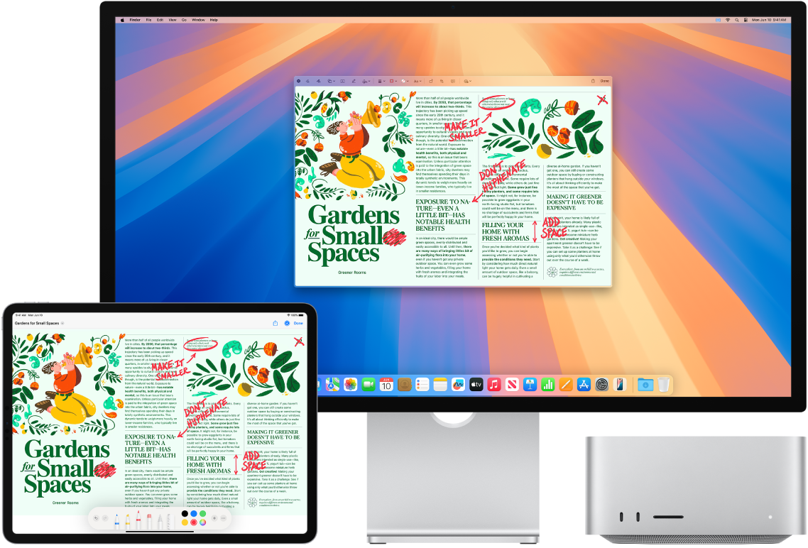 Un Mac Studio et un iPad côte à côte. Les deux écrans affichent un article couvert de modifications manuscrites en rouge, telles que des phrases barrées, des flèches et des mots ajoutés. L’iPad montre également des commandes d’annotation au bas de l’écran.