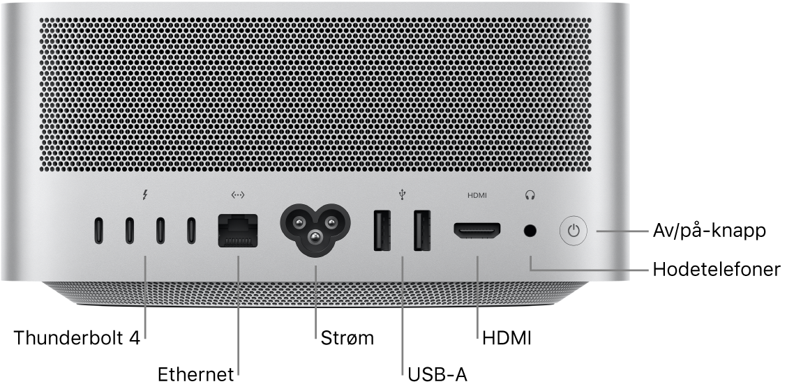 Baksiden av Mac Studio med fire Thunderbolt 4-porter (USB-C), Gigabit Ethernet-port, strøminntak, to USB-A-porter, HDMI-port, hodetelefonutgang (3,5 mm) og av/på-knapp.