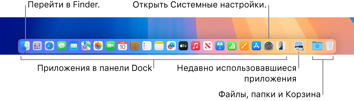 В панели Dock показаны значки Finder и Системных настроек, а также линия в Dock, отделяющая приложения от файлов и папок.