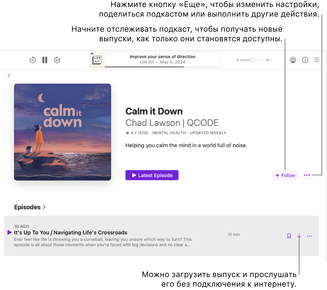 В окне приложения «Подкасты» показан выпуск подкаста. Стрелками показаны кнопки «Загрузить», «Подписаться» и «Еще».