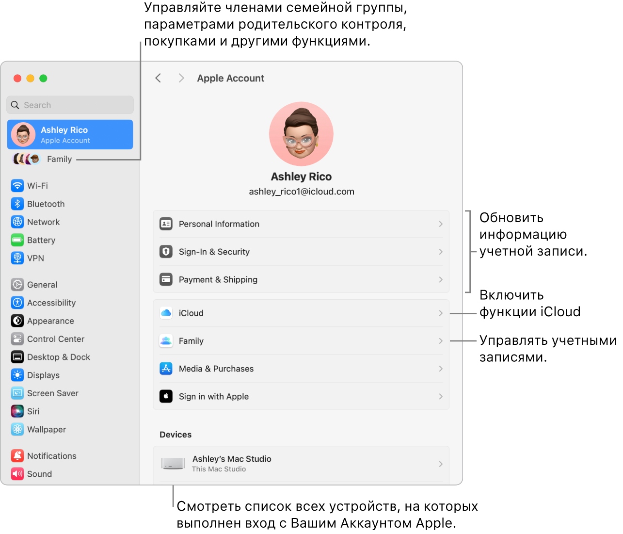 Настройки Аккаунта Apple в Системных настройках. Сносками показаны параметры обновления сведений учетной записи, включения или выключения функций iCloud и управления настройками учетных записей для мультимедиа. В настройках Семейного доступа показаны параметры управления устройствами членов семьи, родительским контролем, покупками и многим другим.
