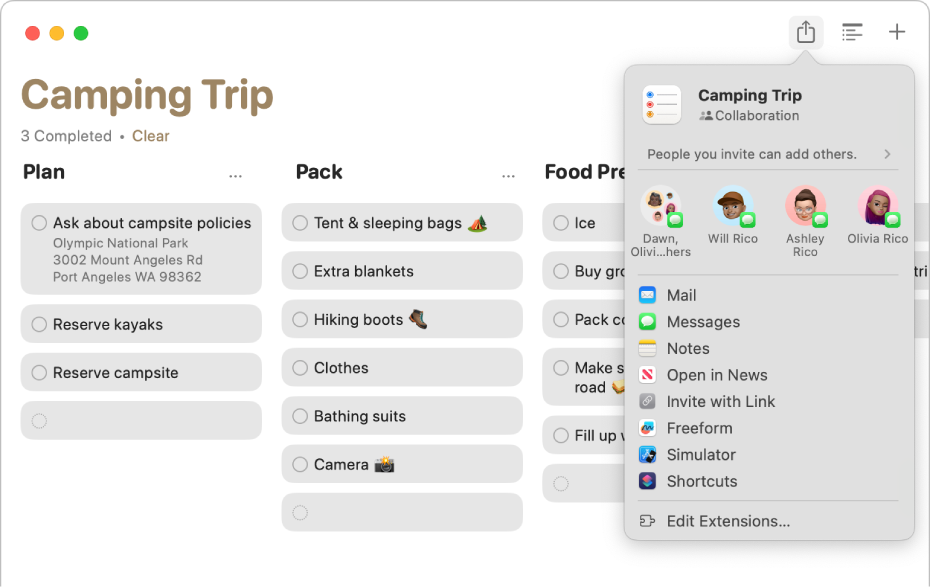Et vindue i appen Påmindelser, der viser knappen og lokalmenuen Del.