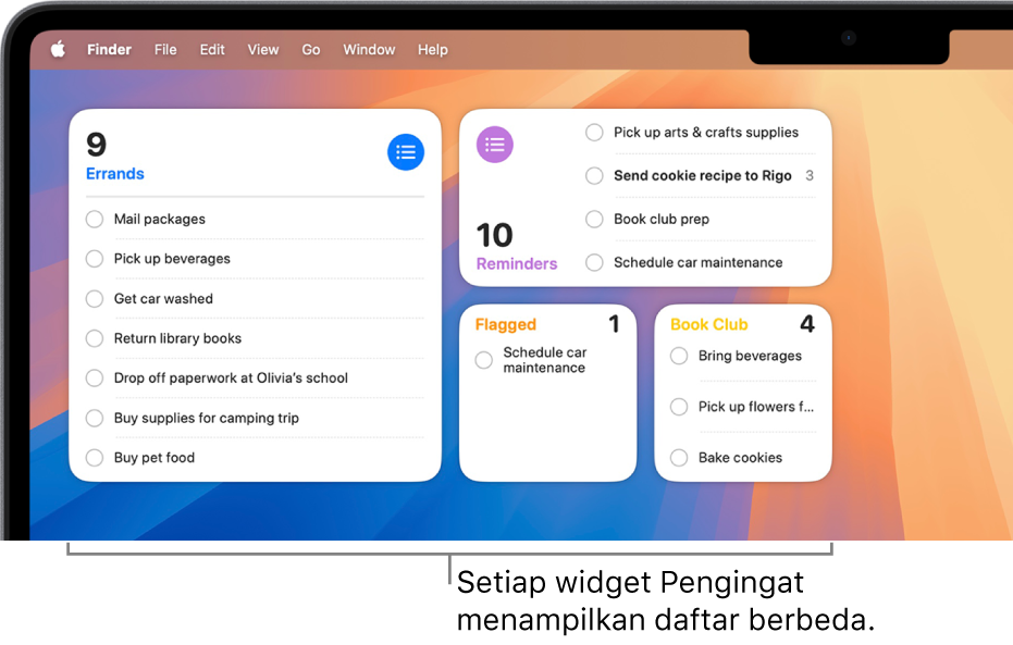 Empat widget Pengingat di desktop, masing-masing menampilkan daftar berbeda.
