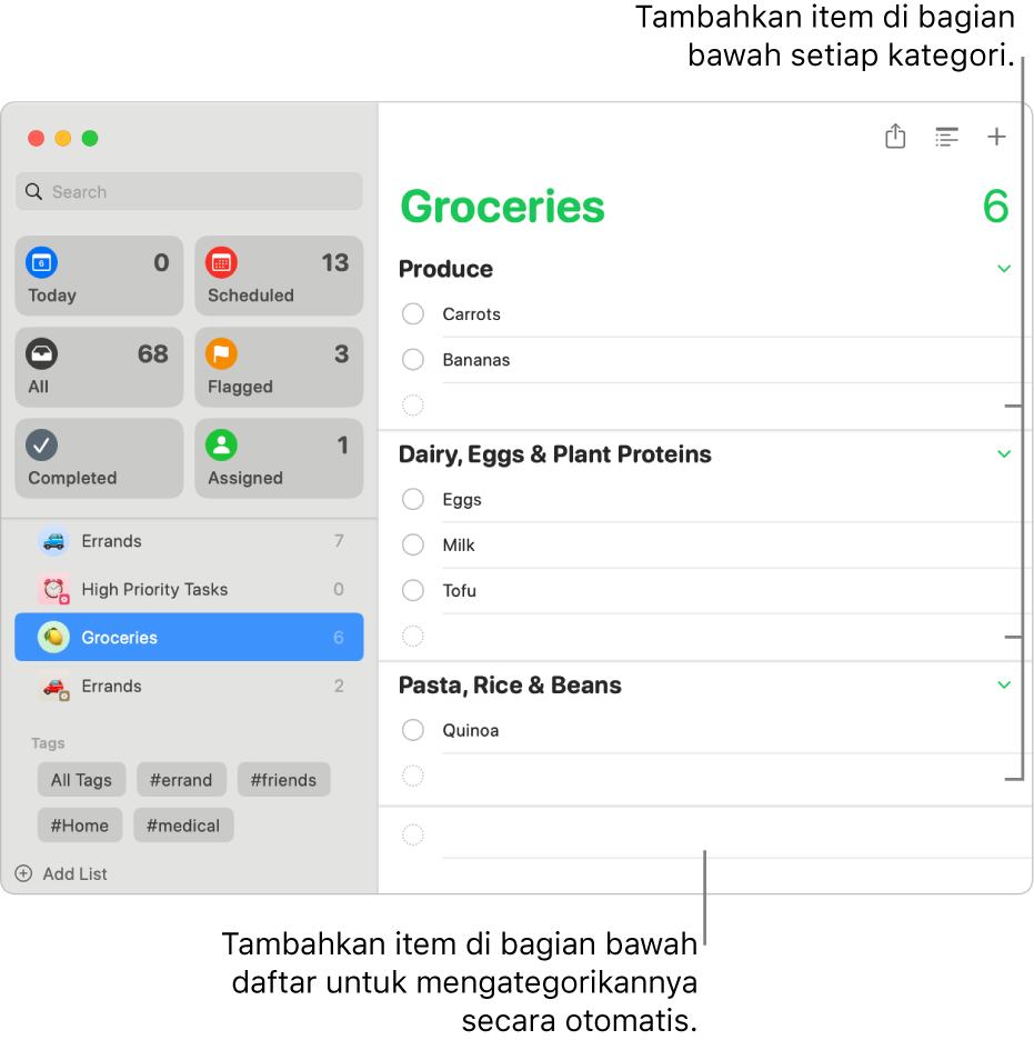 Daftar belanjaan dengan item yang dicantumkan dalam tiga kategori. Ada bidang kosong di bagian bawah setiap kategori untuk menambahkan item, dan bidang kosong di bagian bawah seluruh daftar untuk menambahkan item yang dikategorikan secara otomatis.