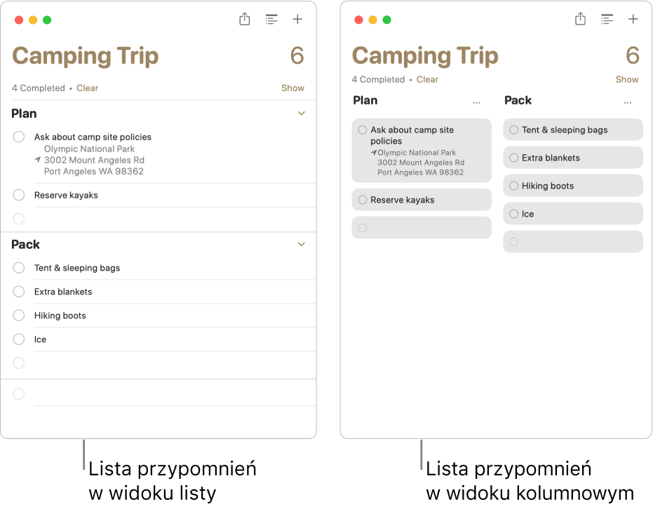 Po lewej stronie widoczna jest lista przypomnień w postaci listy, a po prawej ta sama lista przypomnień w postaci kolumn. Lista przypomnień ma dwie sekcje; tytuły sekcji są używane jako nagłówki kolumn.