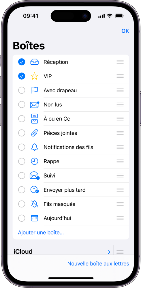 L’écran de modification Boîtes. Les boîtes facultatives sont indiquées de haut en bas avec une case à cocher à gauche de chaque option. Dans le coin inférieur droit de l’écran se trouve un bouton intitulé « Nouvelle boîte aux lettres ».